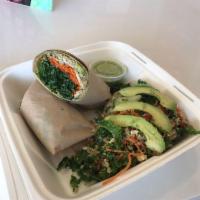 Vegan Wrap · Kale, quinoa, cabbage, carrots, pickled red onion, avocado and hummus wrapped in a spinach t...