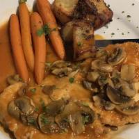 Chicken Marsala · Thinly sliced cutlets, sauteed in Marsala wine sauce with mushrooms, seasonal vegetable and ...