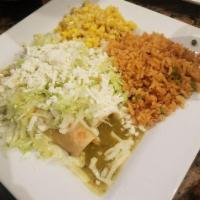 Chicken Enchiladas · Chicken, cheese, creamy tomatilla sauce, jalapeno corn and black beans.