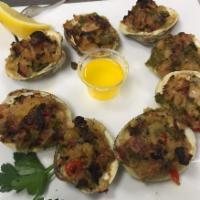 Clams Casino · 8 pieces. Stuffed with our homemade casino stuffing, served with lemon wedges and drawn butt...