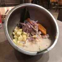 Ceviche Mixto · Caught in the net a mix of different seafood and fish with gastronomical “leche de tigre” se...