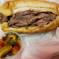 Italian Beef · Served with hot or sweet peppers on Italian bread.