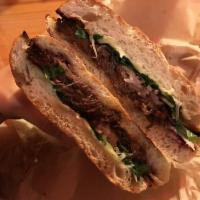 Beef Short Rib Sandwich · Braised short rib of beef, pickled shallots with ginger, baby watercress, savory blackberry ...