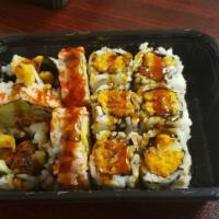 Godzilla Roll · Tempura fried spicy salmon, avocado and jalapeno roll, topped with spicy mayo, eel sauce, to...