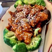 Sesame Chicken · Sesame sauce with toasted sesame seeds and broccoli.