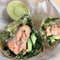 Liv Wrap · Grilled chicken breast, avocado, quinoa, kale, Jack cheese and homemade pesto on a whole whe...