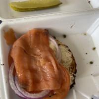 Lox Bagel Sandwich · Smoked salmon, cream cheese, tomato, red onion and capers.