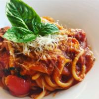 Spaghetti Pomodoro · Fresh homemade spaghetti pasta, cherry tomatoes, tomatoes sauce, basil.
