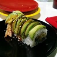 Dragon Roll · Shrimp tempura, avocado and eel on top.