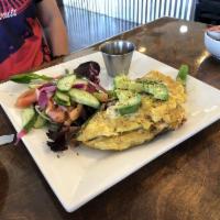 What the Fork Omelette Breakfast · Fresh bell pepper, mushrooms, sweet onions and Swiss cheese. Topped of with avocado, served ...