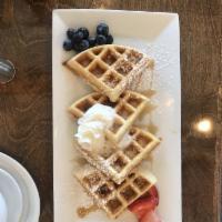 Take Me to Belgian Waffles Breakfast · Made from scratch Belgian buttermilk waffle. Served with maple syrup and butter.