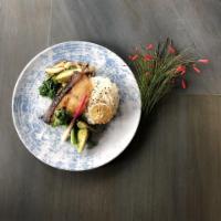 Miso Cod · Buttery Cod  marinated in miso glazed served over Bok choy 