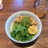 Lemon Pesto Bowl · Portobello, zucchini, tomatoes, sauteed spinach, crimson lentils, arugula, house pesto and g...