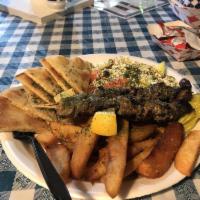 Souvlaki Plate · One of each with a side Greek salad (tomatoes, onions, cucumbers, feta cheese, Greek olives,...