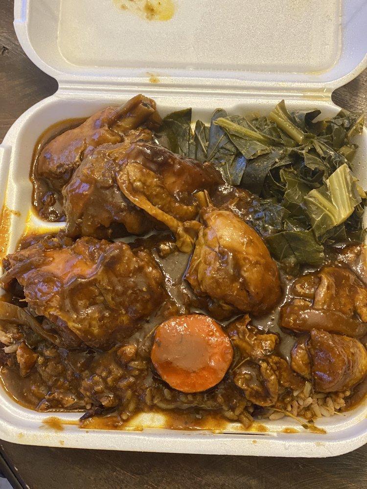 Brown Stew Chicken · Mild, Brown Stew Chicken served with Rice/Beans and your choice of one side 
