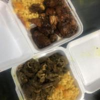 Curry Goat Specialty · Spicy Jamaican Curry Goat, served with Rice/Beans and your choice of one side