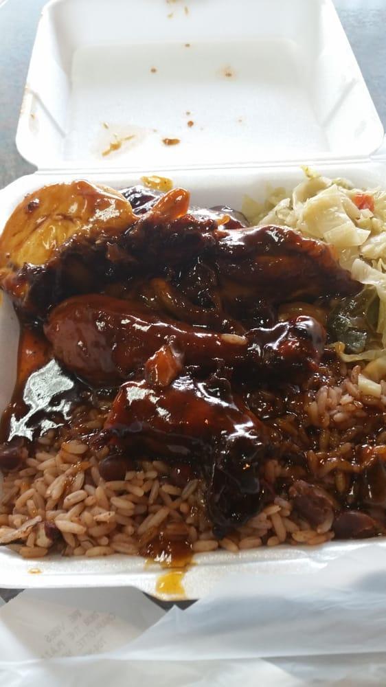 BBQ Jerk Chicken · Sweet and Spicy BBQ Jerk Chicken, served with Rice/Beans and your choice of one side  