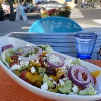 Greek Salad · Vegetarian, gluten-free. Grape tomatoes, red onions, Kalamata, olives, feta cheese, Persian ...