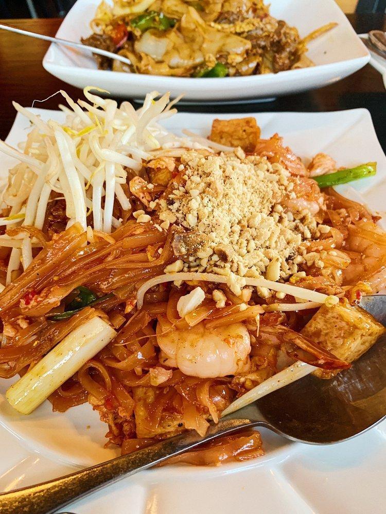 Pad Thai · Stir fried rice noodle with choice of meat, egg, bean curd and bean sprouts, topped with ground peanuts.