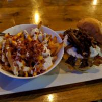 Nutty Goat Burger · Balsamic onions, garlic, and herb goat cheese, and pecan mix, chipotle aioli, candied bacon,...