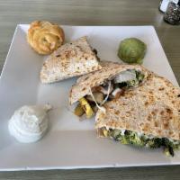Veggie Quesadilla Plate · Grilled veggies, black beans, corn, pepper jack, and provolone. Served with avocados and sou...