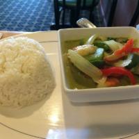 Green Curry · Green curry paste, coconut milk, bamboo shoots, bell pepper, green bean, zucchini, and fresh...