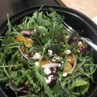 Beet Salad · Baby arugula, beets, toasted pistachios, red onions, and Vermont goat cheese tossed in a hon...