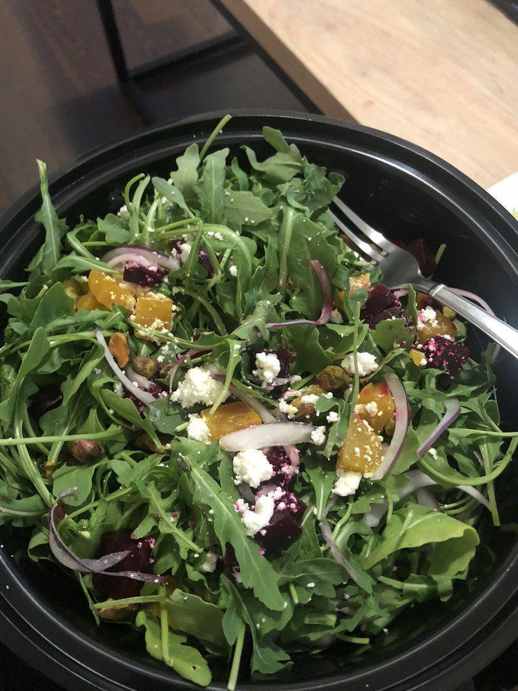 Beet Salad · Baby arugula, beets, toasted pistachios, red onions, and Vermont goat cheese tossed in a honey-lemon vinaigrette.