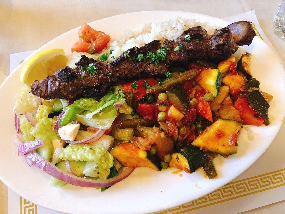 Lamb Tender · Cubes of marinated lamb, skewered and broiled. Served with seasoned vegetables and rice.