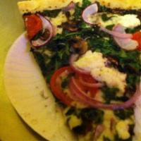Gypsy Pie · Spinach, mushroom, onion, tomato, ricotta, parmesan and mozzarella cheeses on an olive pesto...