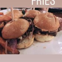 Sliders · Grilled onions, pickles, mayo and sweet potato fries.