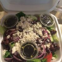 Greek Salad · Imported feta cheese and Kalamata olives mixed with lettuce, tomatoes, onions and pepperonci...