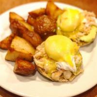 Dungeness Crab Benedict · Dungeness crab, avocado, hollandaise and multigrain English muffins.