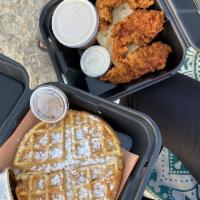Chicken and Waffles · 3 tenders and Belgian waffle with powdered sugar and maple syrup.