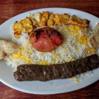 Chicken Soltani Kabob Plate · Marinated chicken kabob and beef kabob (1 skewer of each) served with lentil basmati rice an...