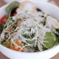 Nourish Bowl / Wrap · Quinoa, yams, avocado, sprouts, hummus, cucumber, mixed greens, tomatoes, beet sauerkraut, s...