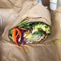 Veggie Wrap · Hummus, avocado, carrots, sprouts, red peppers, romaine lettuce, cabbage, cucumber, oil-free...