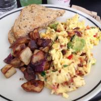 Anaheim Scrambler · Scrambled eggs, bacon, tomato, green onion, cheddar, avocado.