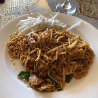 Pad Thai · Stir fried thin rice noodle, bean sprout, scallion, egg and topped with ground peanut. (cont...