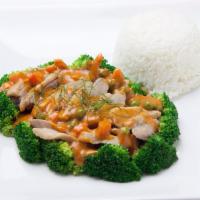 Panang Curry · Red & green bell pepper, onion, and lime leaf with coconut milk served with steamed rice. (C...