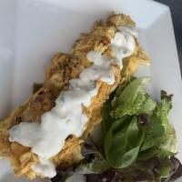 Chicken Shawarma Omelette · 3 egg omelette cooked with mozzarella cheese topped with zesty flavored chicken shawarma wit...
