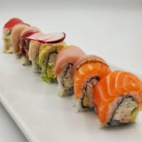Rainbow Roll · Crab meat, avocado and cucumber inside. Tuna, salmon, albacore and avocado outside.