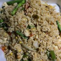 Basil Fried Rice · Spicy fried rice with meat, green bean, onion, bell pepper, and basil.