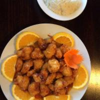 Orange Chicken · Deep-fried chicken breast mixed with special orange sauce topped with green onion and orange...