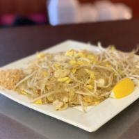 Pad Thai Noodles · Rice noodle, egg, scallion, sprouts, wok stirred in sweet and tangy glaze. Topped with crush...