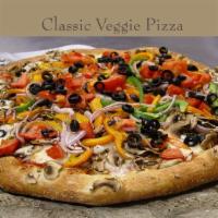 Veggie Pizza · Mushrooms, black olives, bell peppers, red onion and tomatoes. Vegetarian.