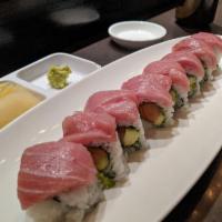 Cherry Blossom Roll · Fresh salmon and avocado with tuna on top.