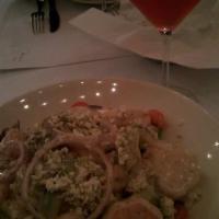 Shellfish Salad · Fresh mixed greens with prawns, scallops, shrimp, crab ＆ Gorgonzola cheese, served with vina...