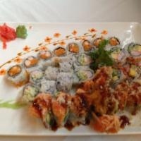 Incredible Roll · Shrimp tempura, avocado inside top with spicy crabmeat and crunch. 