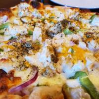 Creamy Garlic Chicken Pizza · A creamy garlic sauce, mesquite grilled chicken breasts, with sweet red onions, green bell p...
